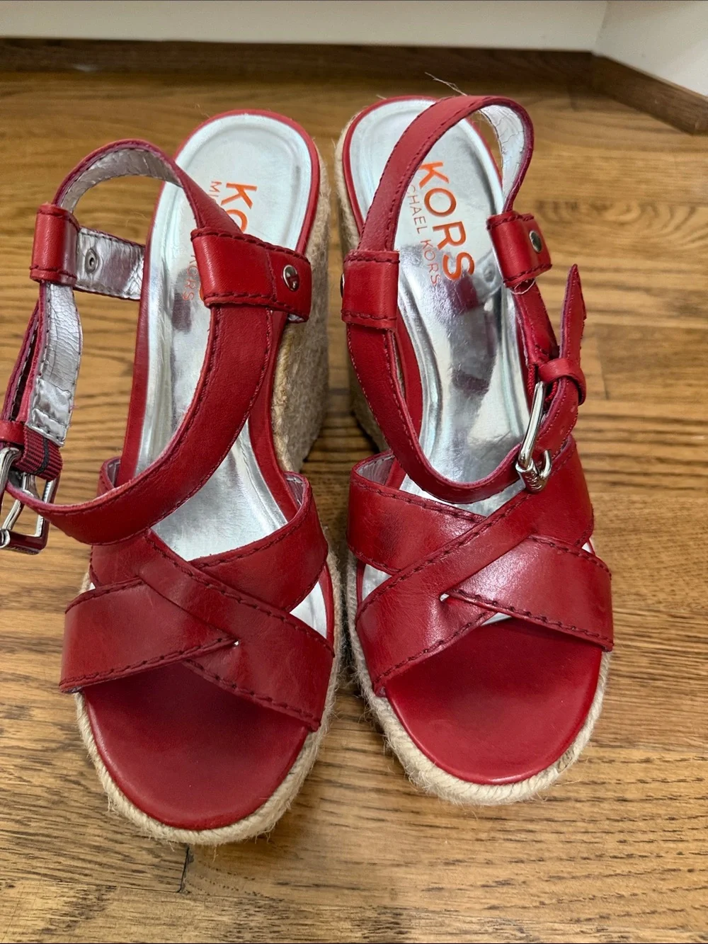 Michael Kors Red Leather Espadrille Wedge Sandals